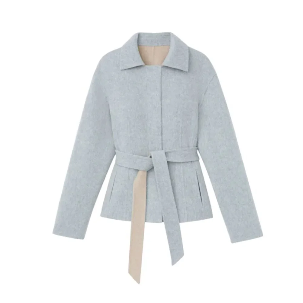 Lafayette 148 Wool Cashmere Reversible Jacket Womens Large Gray Tan Belted Coat